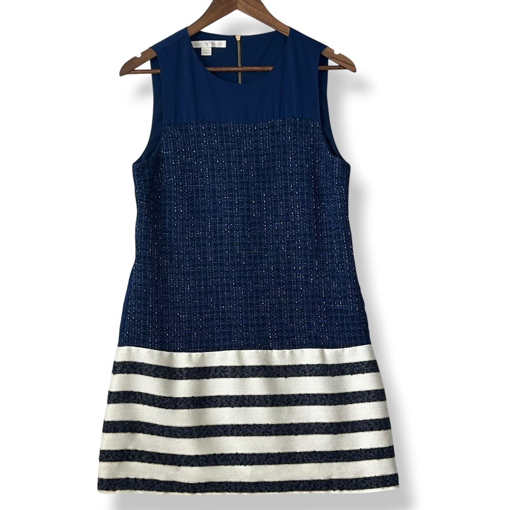 Boston Proper Dress 6 Blue Tweed Striped Lurex Mini Nautical Preppy Coastal Chic
